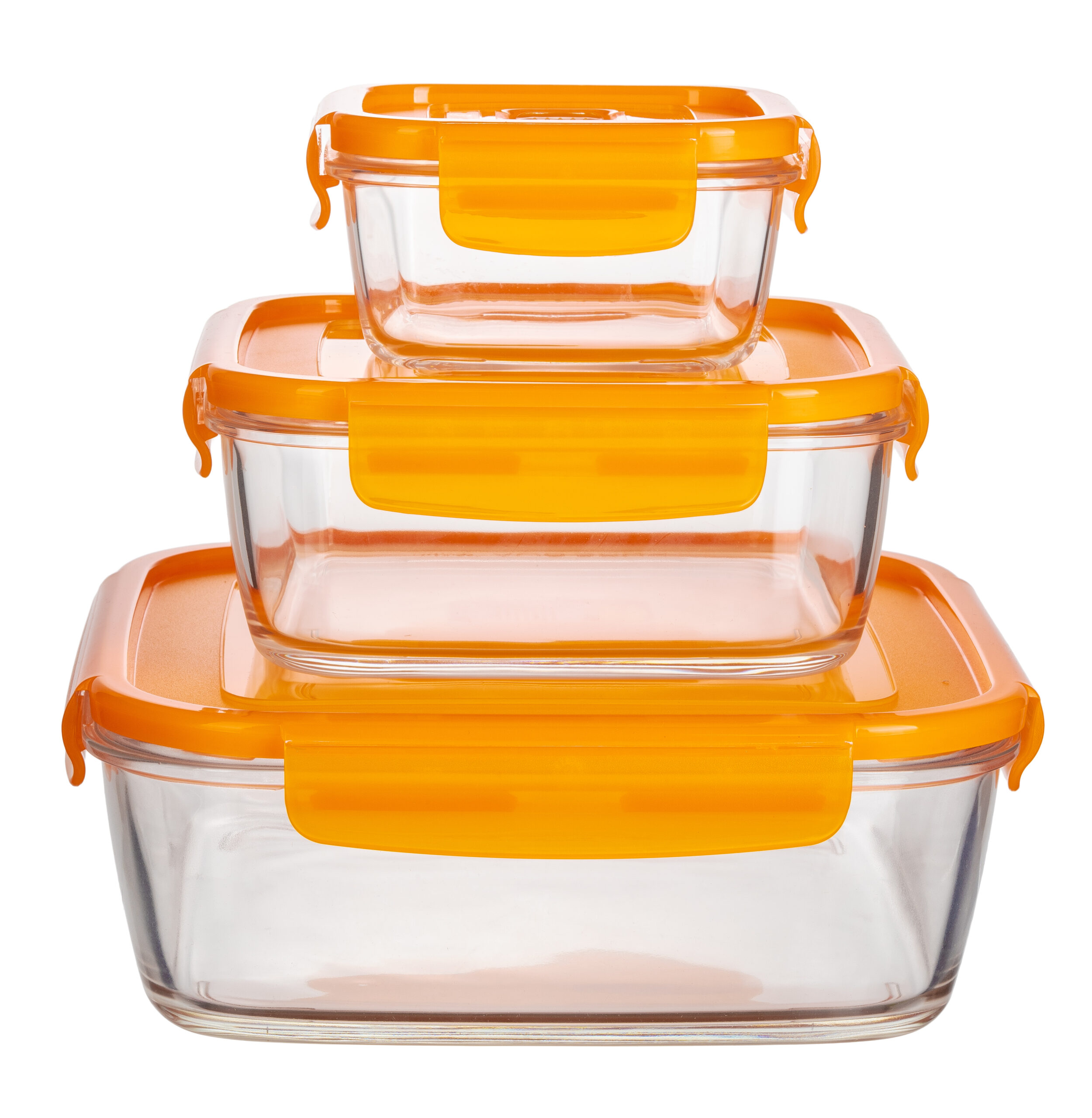 Close up of glass food containers isolated on white background